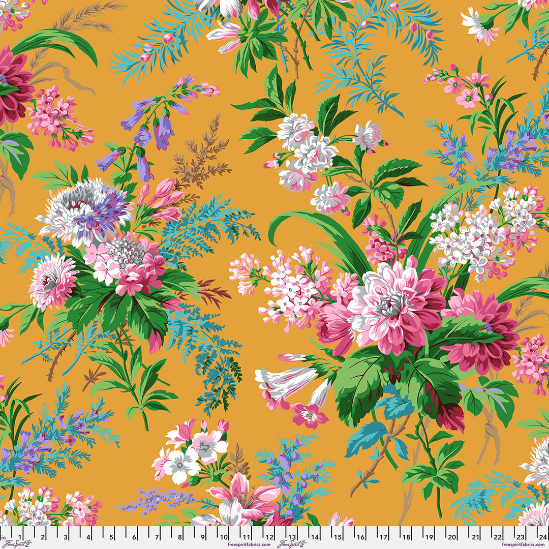 Kaffe Fassett Jardin Gold puuvillakangas – suuret kukat keltaisella taustalla