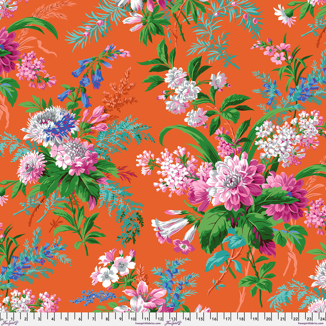 Kaffe Fassett Jardin Orange puuvillakangas – suuret kukat oranssilla taustalla