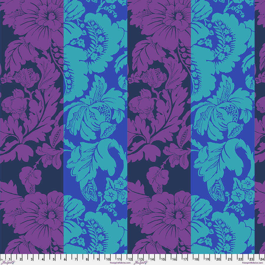 Kaffe Fassett Romance Cool -kangas, leveät kukkakuosiset pystypaneelit turkoosin, violetin ja sinisen sävyissä – PWGP210.COOL