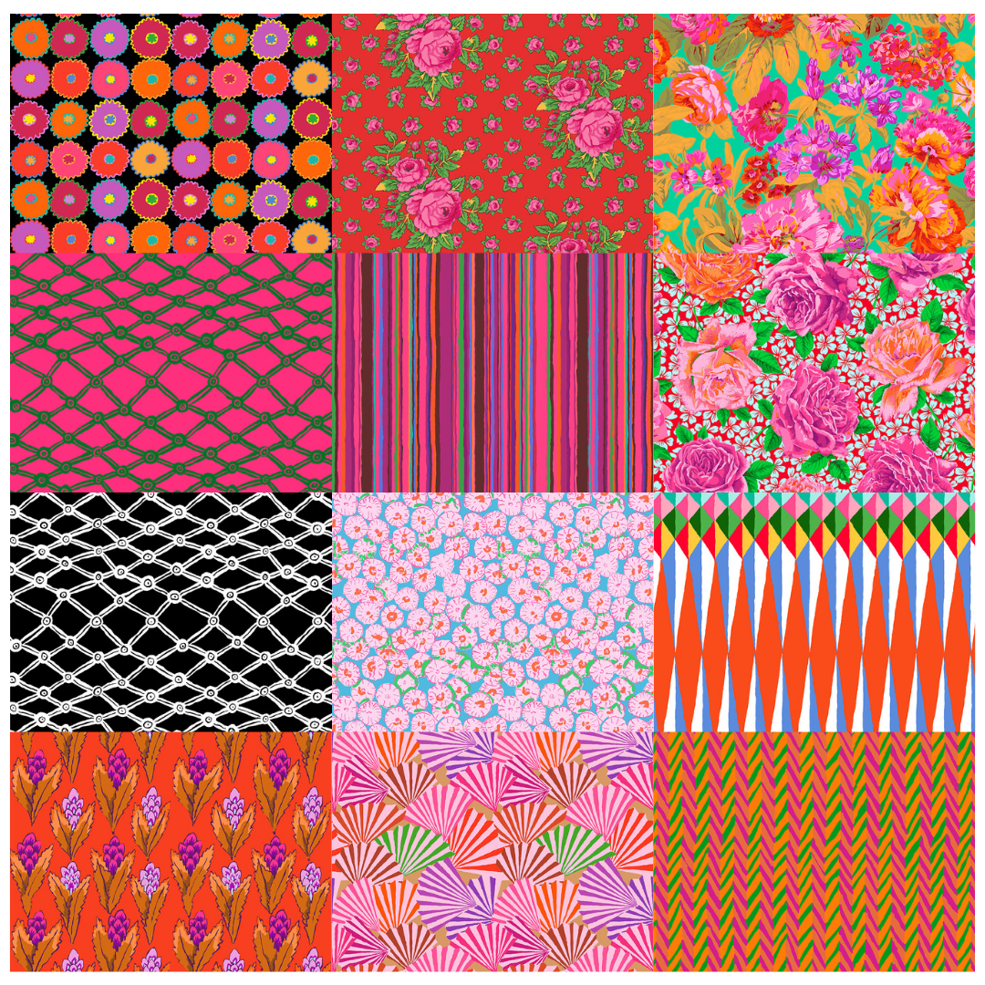 Kaffe Fassett Collectiven Spring 2026 kokoelmasta hehkuvat sävyt nippu, 12 kpl