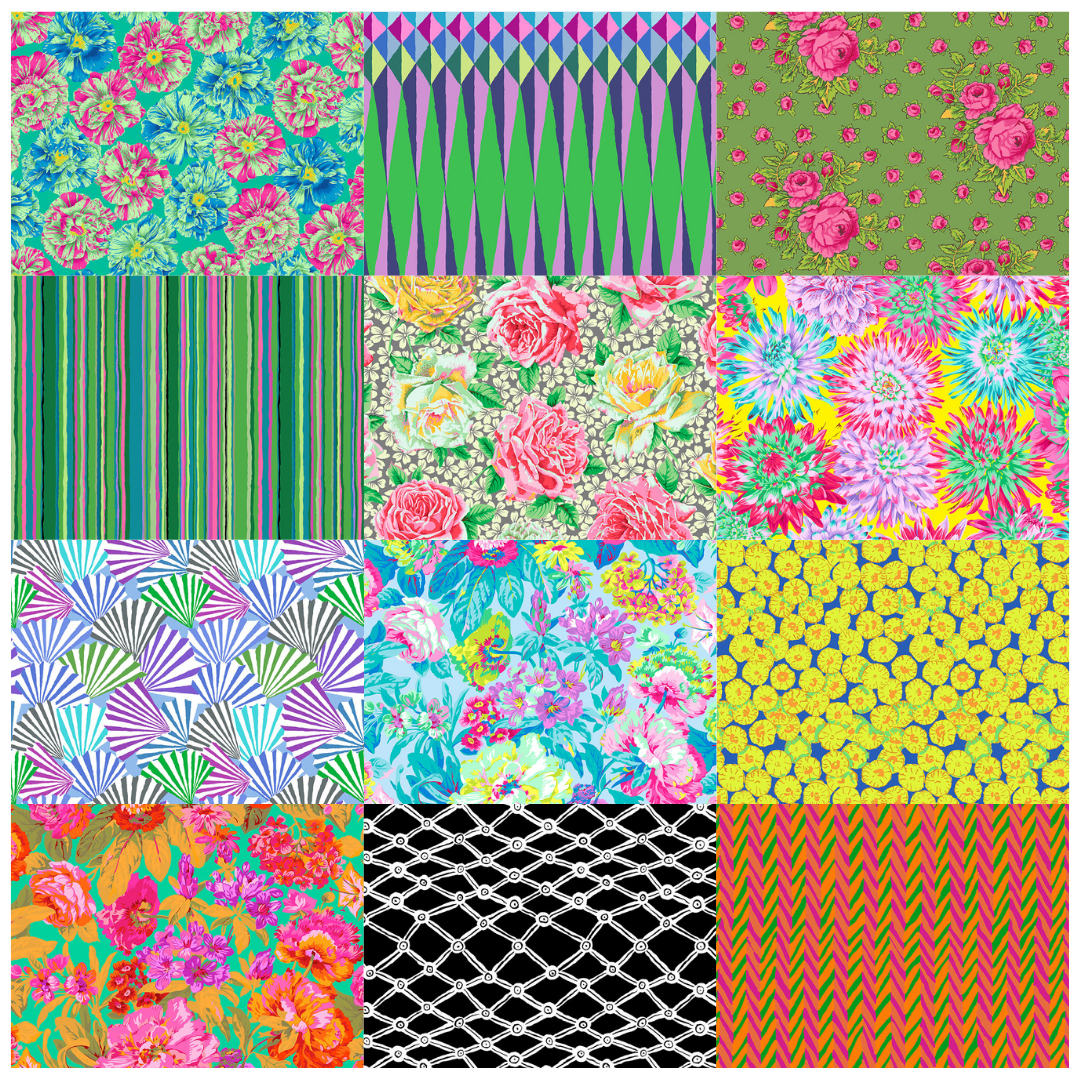 Kaffe Fassett Collectiven Spring 2026 kokoelman raikkaan sävyinen kangas nippu, 12 kpl, vihreä, keltainen