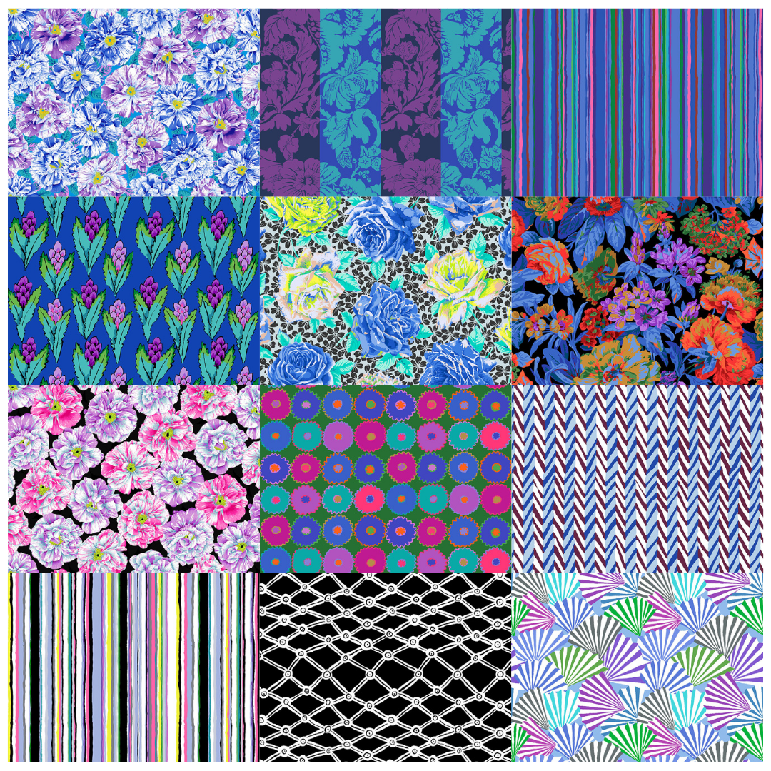 Kaffe Fassett Collectiven Spring 2026 kokoelman viileän sävyinen kangas nippu, 12 kpl, sininen, violetti, musta