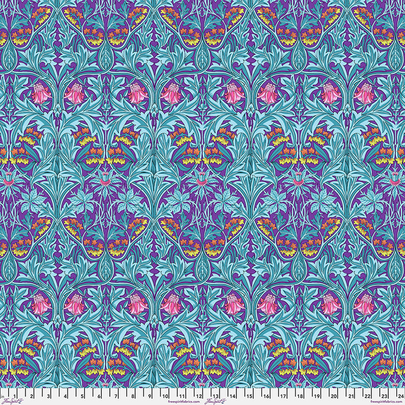 Kaffe X Morris&Co. - Bluebell Purple PWKW004.PURPLE puuvillakangas, jossa yhdistyvät William Morrisin ikoniset kuviot ja Kaffe Fassettin rohkeat värit.