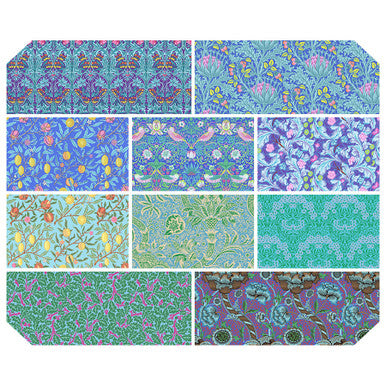 Kaffe Fassett x Morris & Co. Blues Fat Quarter Bundle - 10 puuvillakangaspalaa, ikonisia Morris-kuoseja ja sinisen sävyjä, 45 x 55 cm.