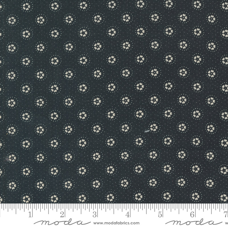 Kansas Troubles Quilters - Blackbird's Nest Daisies and Dots Black puuvillakangas, jossa vaalea kukkakuvioita ja pieniä pilkkuja mustan pohjalla.