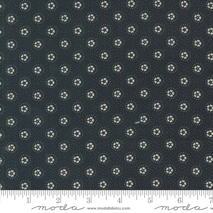 Kansas Troubles Quilters - Blackbird's Nest Daisies and Dots Black puuvillakangas, jossa vaalea kukkakuvioita ja pieniä pilkkuja mustan pohjalla.