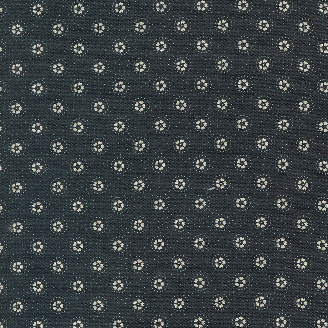 Kansas Troubles Quilters - Blackbird's Nest Daisies and Dots Black puuvillakangas, jossa vaalea kukkakuvioita ja pieniä pilkkuja mustan pohjalla.