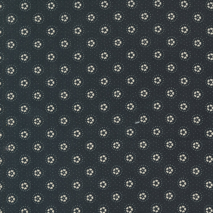 Kansas Troubles Quilters - Blackbird's Nest Daisies and Dots Black puuvillakangas, jossa vaalea kukkakuvioita ja pieniä pilkkuja mustan pohjalla.