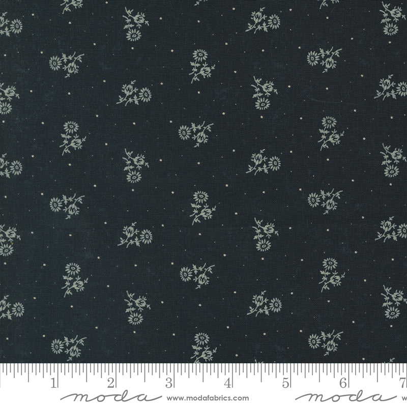 Kansas Troubles Quilters - Blackbird's Nest Thistle Black puuvillakangas, jossa vaalea kukkakuvioita ja pieniä pilkkuja mustan pohjalla.