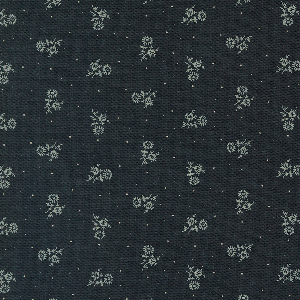 Kansas Troubles Quilters - Blackbird's Nest Thistle Black puuvillakangas, jossa vaalea kukkakuvioita ja pieniä pilkkuja mustan pohjalla.