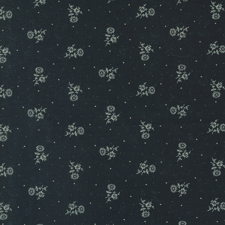 Kansas Troubles Quilters - Blackbird's Nest Thistle Black puuvillakangas, jossa vaalea kukkakuvioita ja pieniä pilkkuja mustan pohjalla.