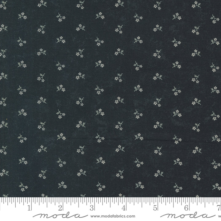 Kansas Troubles Quilters - Blackbird's Nest Petie Petals Black puuvillakangas, jossa beesiä pieniä kukkakuvioita mustan pohjalla.