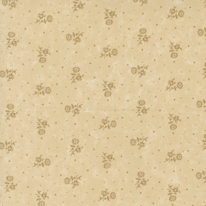 Kansas Troubles Quilters - Blackbird's Nest Thistle Tan Tonal puuvillakangas, jossa vaalea kukkakuvioita ja pieniä pilkkuja beesin pohjalla.