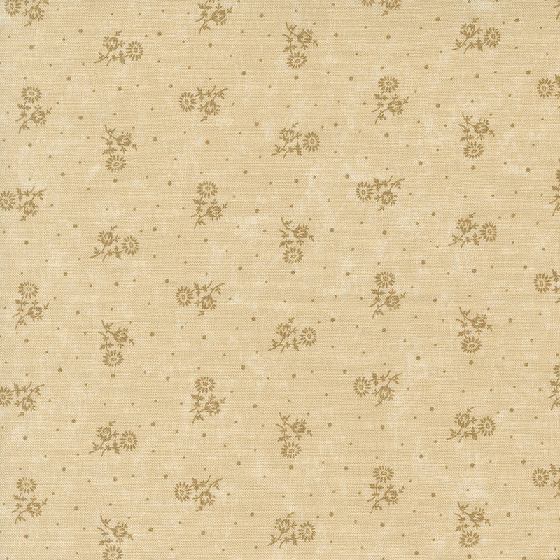 Kansas Troubles Quilters - Blackbird's Nest Thistle Tan Tonal puuvillakangas, jossa vaalea kukkakuvioita ja pieniä pilkkuja beesin pohjalla.