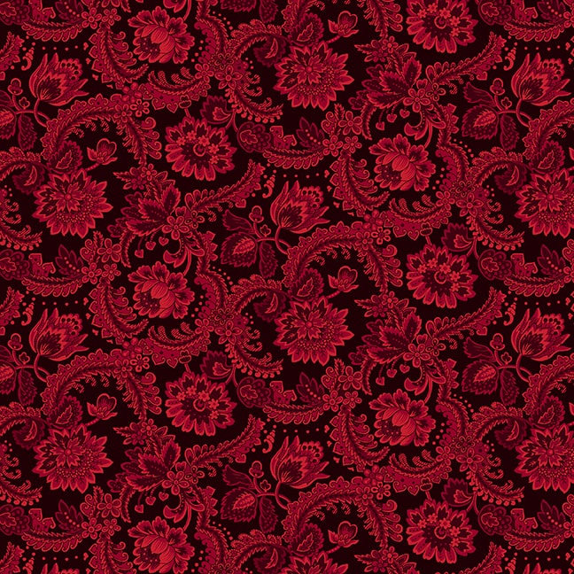 Kim Diehlin suunnittelema Fancy Foulard Cranberry -puuvillakangas, jossa syvänpunaisella pohjalla kukka- ja paisley-kuvioita. Osa Scrap Basket Favorites -kokoelmaa.