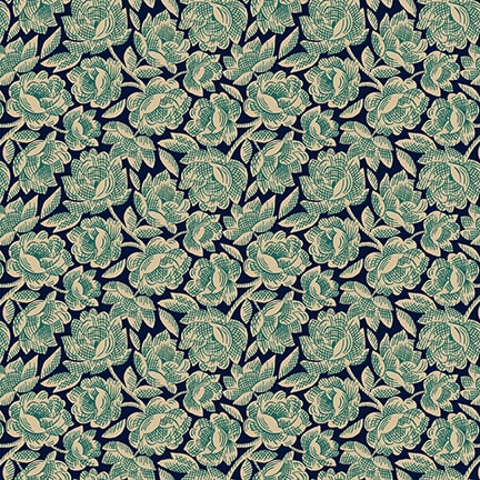 Kim Diehlin suunnittelema Cabbage Rose Blue -puuvillakangas, jossa tummansiniisellä pohjalla ruusukuvioita. Osa Scrap Basket Favorites -kokoelmaa.