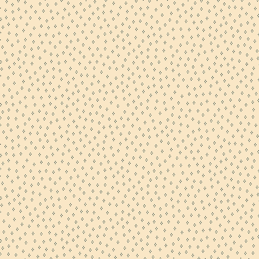 Vaaleansävyinen Kim Diehlin suunnittelema puuvillakangas, jossa pieniä pistekuvioita – Scrap Basket Favorites 1531-40 Dancing Dots Wheat