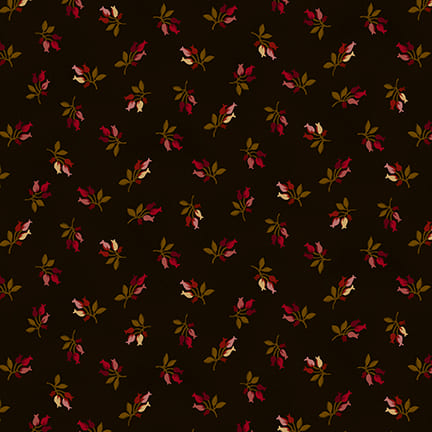 Tummanruskea Kim Diehlin puuvillakangas, jossa pieniä punasävyisiä tulppaaneja – Scrap Basket Favorites 31527-33 Timeless Tulips Brown