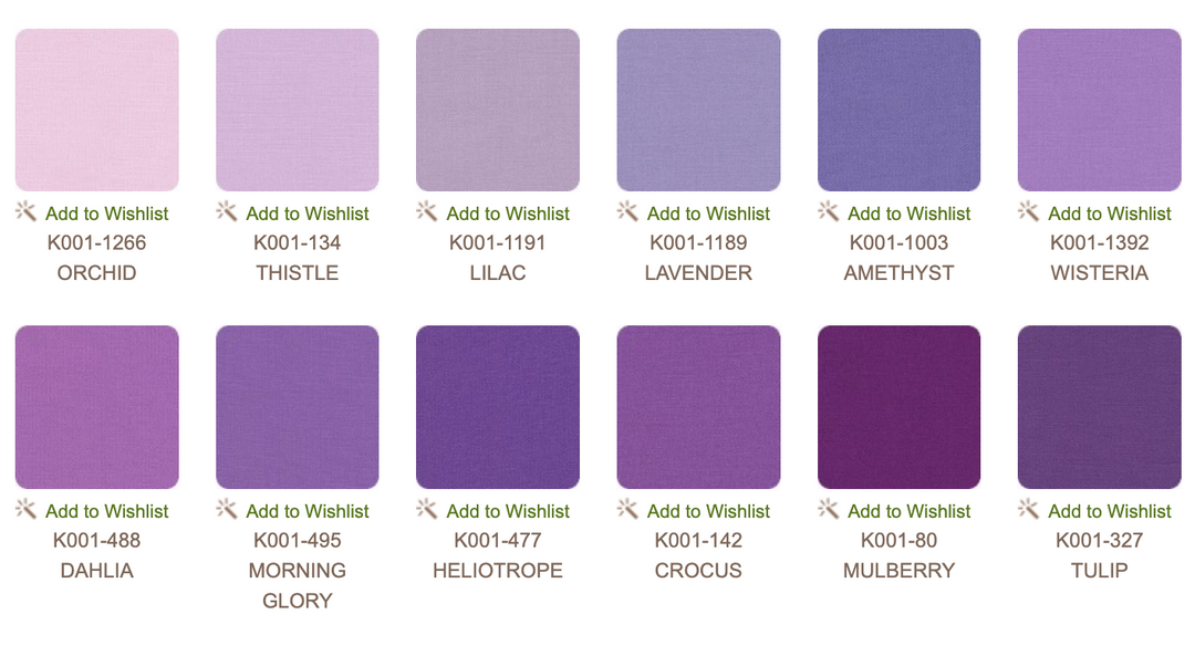 Kona Cotton Solids Lavender Fields palette