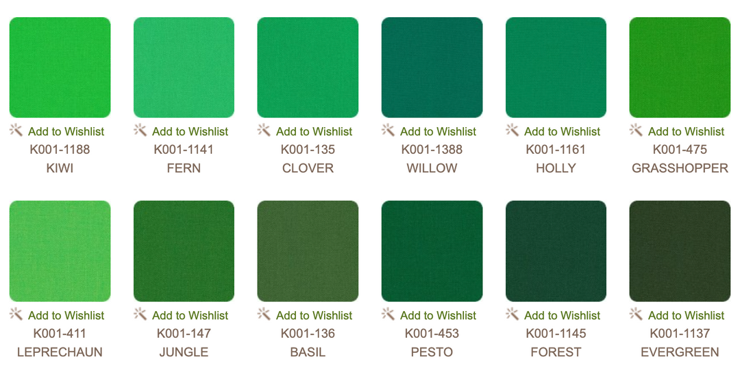 Kona Cotton Solids – Wondrous Woods Palette Charm Pack | Robert Kaufman