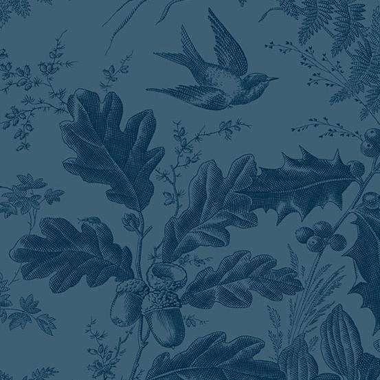 Laundry Basket Quilts Vermont A-10285-B3 Celestial puuvillakangas, syvänsininen lehti- ja metsäkuvio, Edyta Sitarilta.