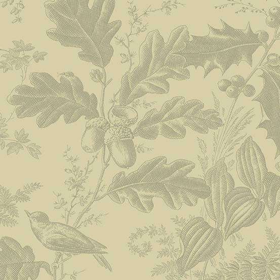 Laundry Basket Quilts Vermont A-10285-N4 Limestone puuvillakangas, hunajanruskea lehti- ja metsäkuvio, Edyta Sitarilta