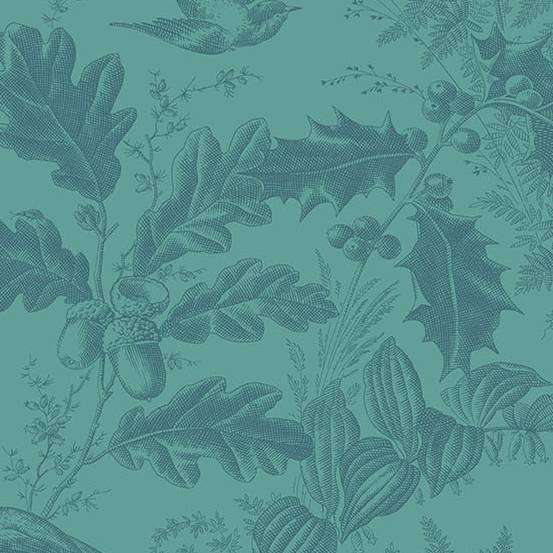 Laundry Basket Quilts Vermont A-10285-T1 Bluegrass puuvillakangas, sinivihreä lehti- ja metsäkuvio, Edyta Sitarilta.