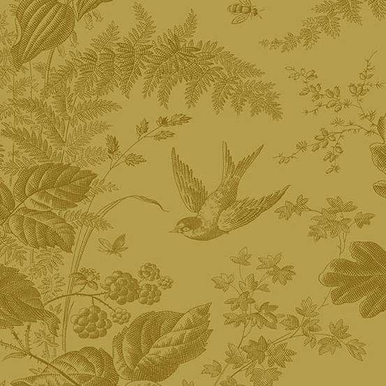 Laundry Basket Quilts Vermont A-10285-V4 Straw puuvillakangas, keltaisenvihreä lehti- ja metsäkuvio, Edyta Sitarilta.