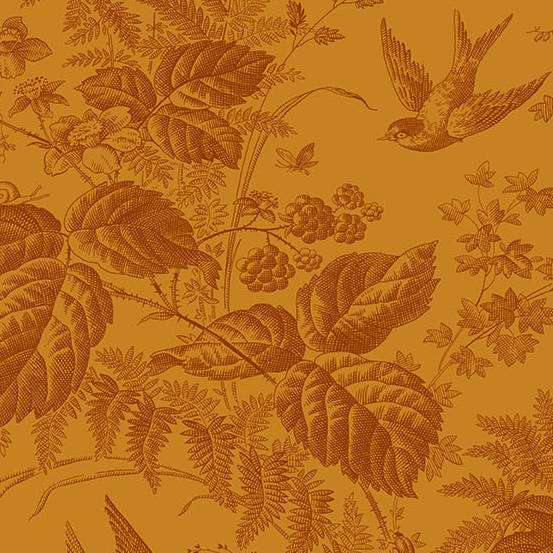 Laundry Basket Quilts Vermont A-10285-Y1 Amber puuvillakangas, poltettu okra lehti- ja metsäkuvio, Edyta Sitarilta
