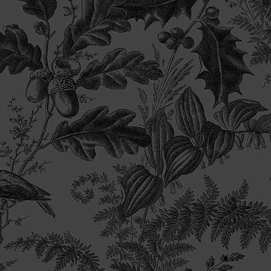 Laundry Basket Quilts Vermont A-10285-C Charcoal puuvillakangas, tummanharmaa lehti- ja metsäkuvio, Edyta Sitarilta