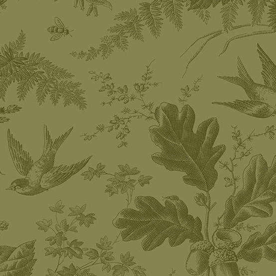 Laundry Basket Quilts Vermont A-10285-G1 Spruce puuvillakangas, oliivinvihreä lehti- ja metsäkuvio, Edyta Sitarilta.