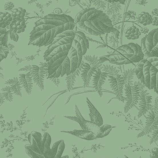 Laundry Basket Quilts Vermont A-10285-G2 Fern puuvillakangas, vaaleanvihreä lehti- ja metsäkuvio, Edyta Sitar design.
