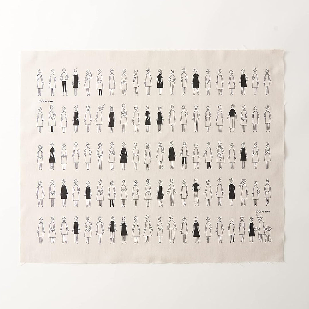 Lecien Cosmo 100 Ne-San -kirjontapaneeli, vaaleanharmaa kangas. Kazue Nakajiman 100 viivapiirrosta naisista koristeltavaksi. Inspiraatio: Quilts1989. Musta-valkoiset vaatteet