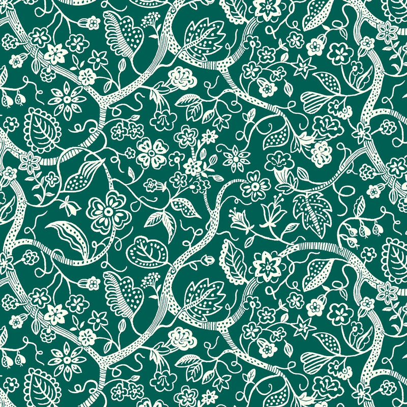 Puuvillakangas, jossa on Liberty Londonin Tree of Life -kokoelman Budding Branches Forest Green -kuosi. Kangas on koristeltu valkoisella kukillä, tummanvihreällä pohjalla.