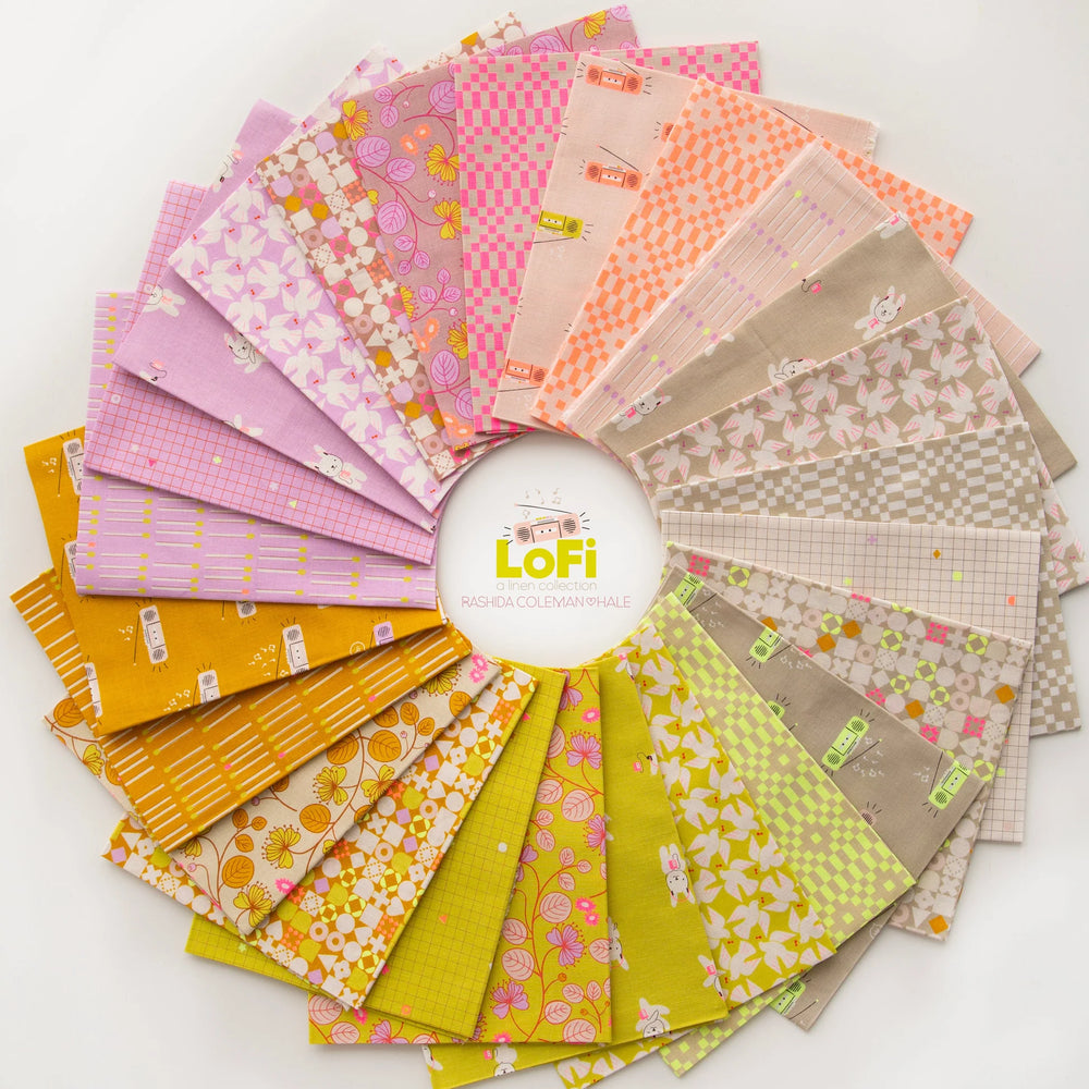 Ruby Star Society LoFi Linens puuvilla-pellava kokoelma liila, sinapinkeltainen, vaaleanpunainen ja beige sävyissä, kuvioina kukkia, ruutuja, pilkkuja ja retronauhureita