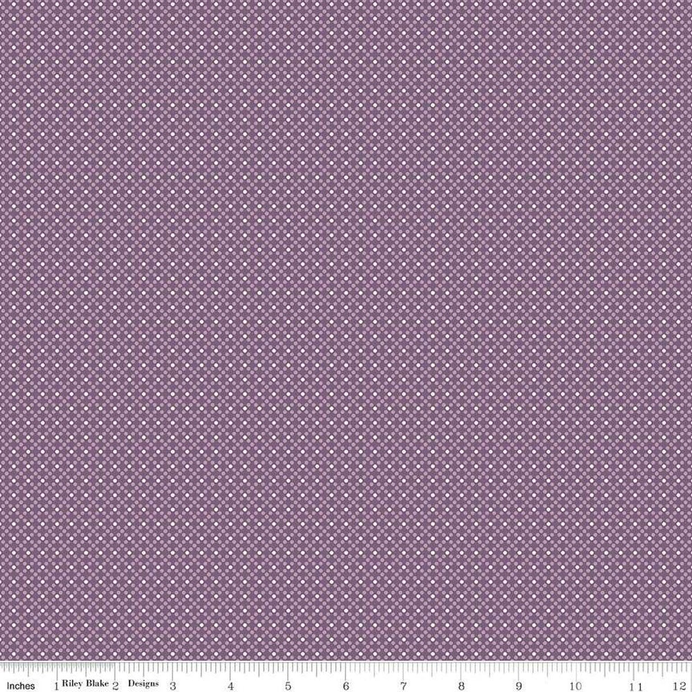 Lori Holtin Bee Dots -kokoelman Elvira Plum -puuvillakangas. Violetti pohja, täpläkuviot, sopii tilkkutöihin ja käsitöihin.
