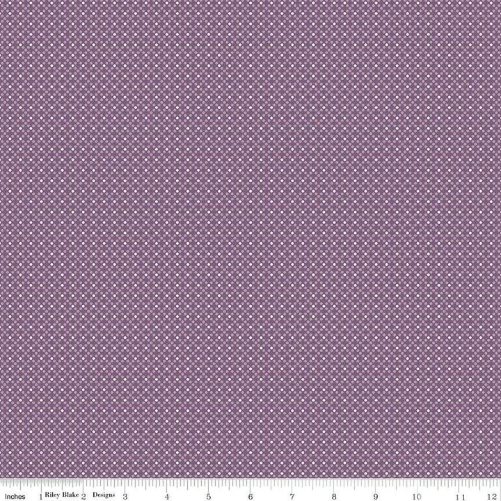 Lori Holtin Bee Dots -kokoelman Elvira Plum -puuvillakangas. Violetti pohja, täpläkuviot, sopii tilkkutöihin ja käsitöihin.