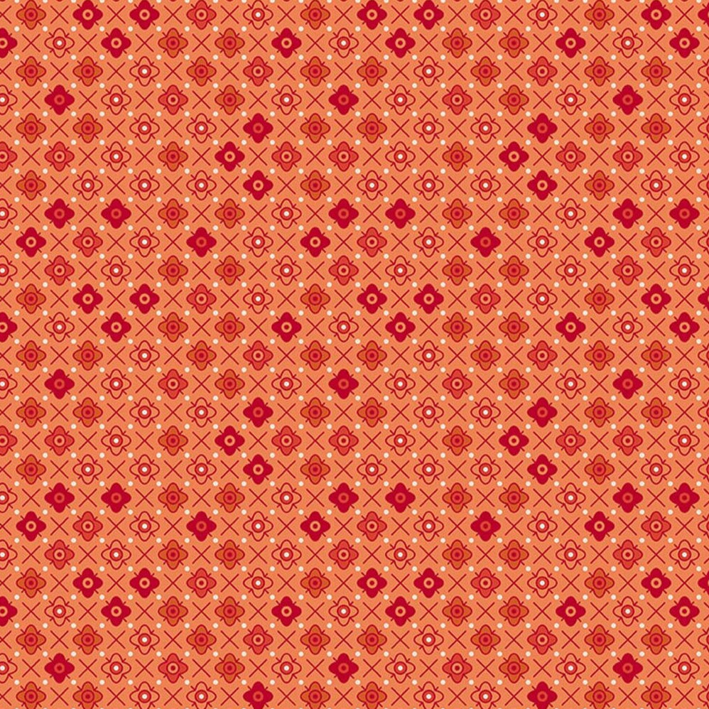 Lori Holtin Farmer's Daughter -kokoelman Flower Patch Squash -puuvillakangas. Oranssi pohja, geometrisiä kukkakuvioita, sopii tilkkutöihin ja käsitöihin.