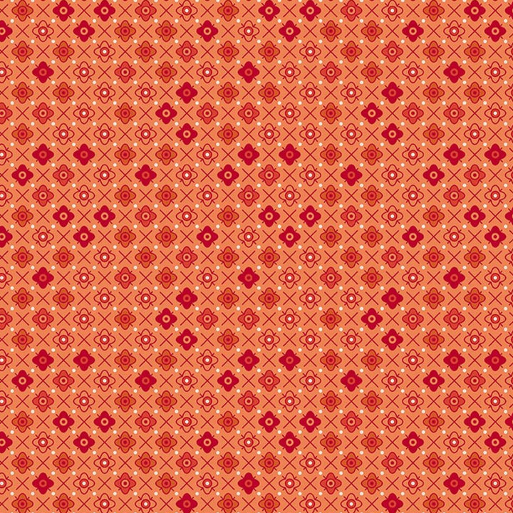 Lori Holtin Farmer's Daughter -kokoelman Flower Patch Squash -puuvillakangas. Oranssi pohja, geometrisiä kukkakuvioita, sopii tilkkutöihin ja käsitöihin.