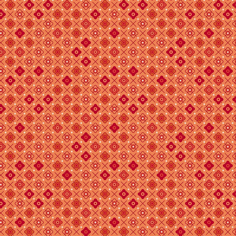Lori Holtin Farmer's Daughter -kokoelman Flower Patch Squash -puuvillakangas. Oranssi pohja, geometrisiä kukkakuvioita, sopii tilkkutöihin ja käsitöihin.