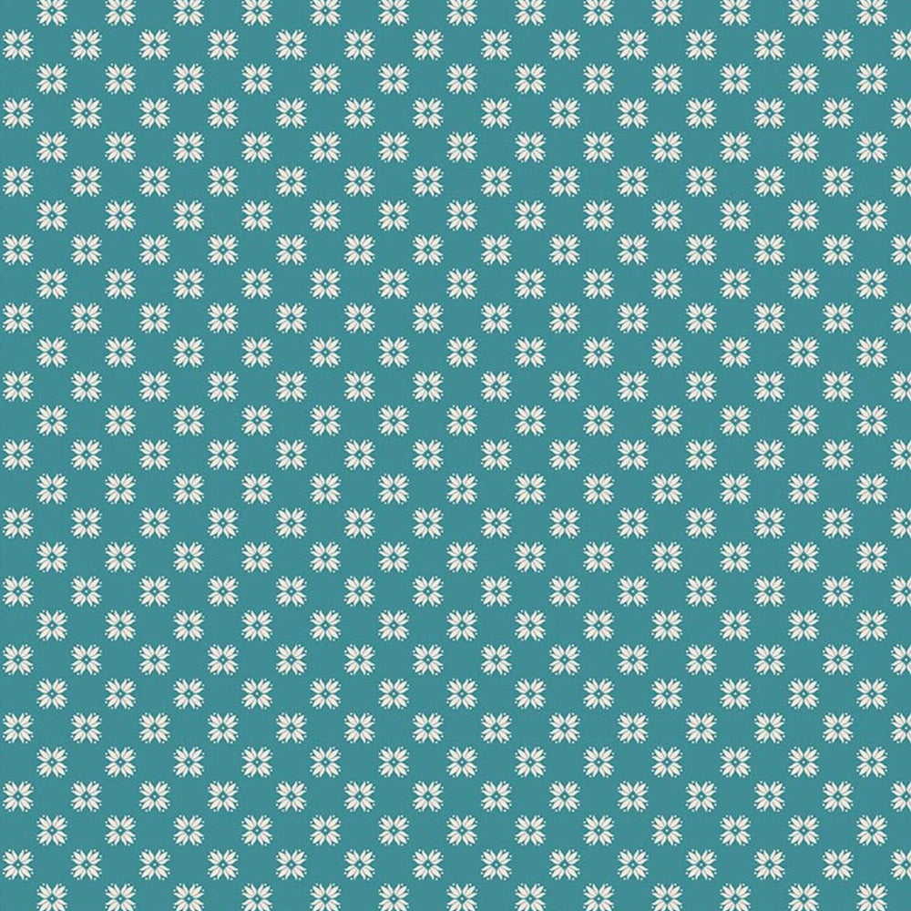 Lori Holtin Farmer's Daughter -kokoelman Quilting Raindrop -puuvillakangas. Sinertävä pohja, geometrisiä kuvioita, sopii tilkkutöihin ja käsitöihin.