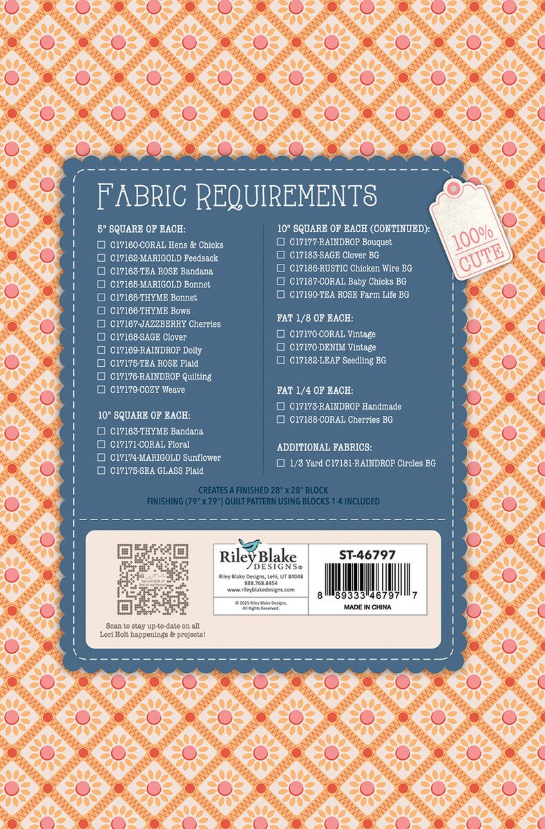 Lori Holt Farmer's Daughter Quilt Seeds™ Spring Barn -tilkkutyöohje 71 cm lato-tilkkublokin ompeluun keräiltävässä siemenpussissa.