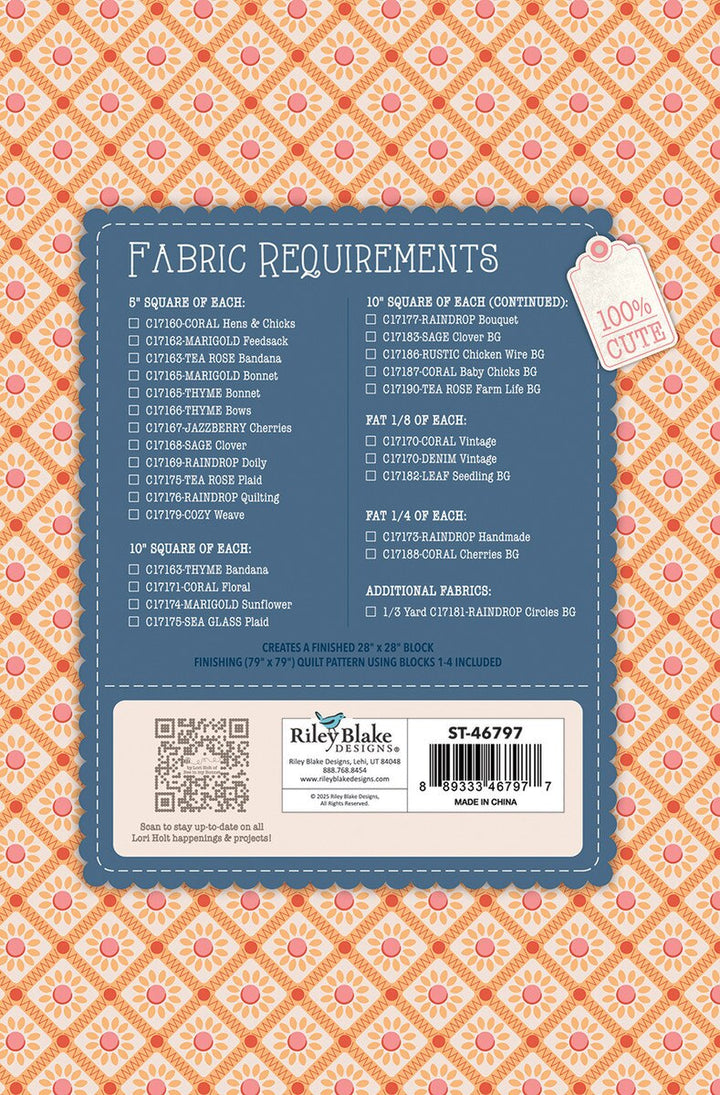 Lori Holt Farmer's Daughter Quilt Seeds™ Spring Barn -tilkkutyöohje 71 cm lato-tilkkublokin ompeluun keräiltävässä siemenpussissa.