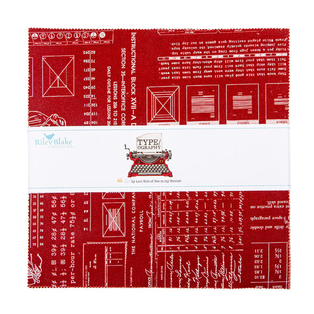 Lori Holt Type/ography Layer Cake -kangasnippu, 42 esileikattua 10 tuuman neliötä typografisissa kuoseissa.