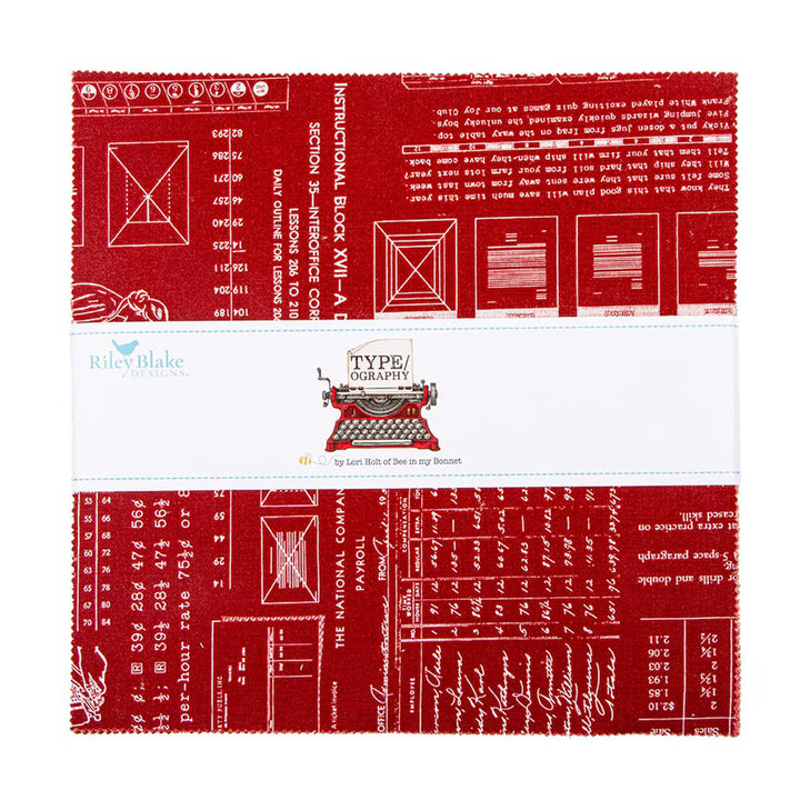 Lori Holt Type/ography Layer Cake -kangasnippu, 42 esileikattua 10 tuuman neliötä typografisissa kuoseissa.