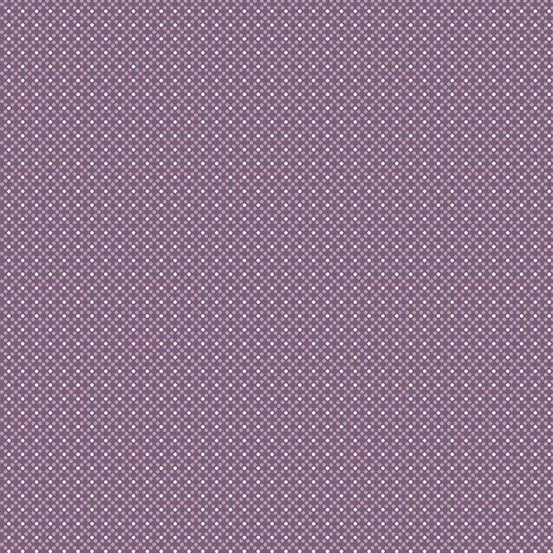 Lori Holtin Bee Dots -kokoelman Elvira Plum -puuvillakangas. Violetti pohja, täpläkuviot, sopii tilkkutöihin ja käsitöihin.