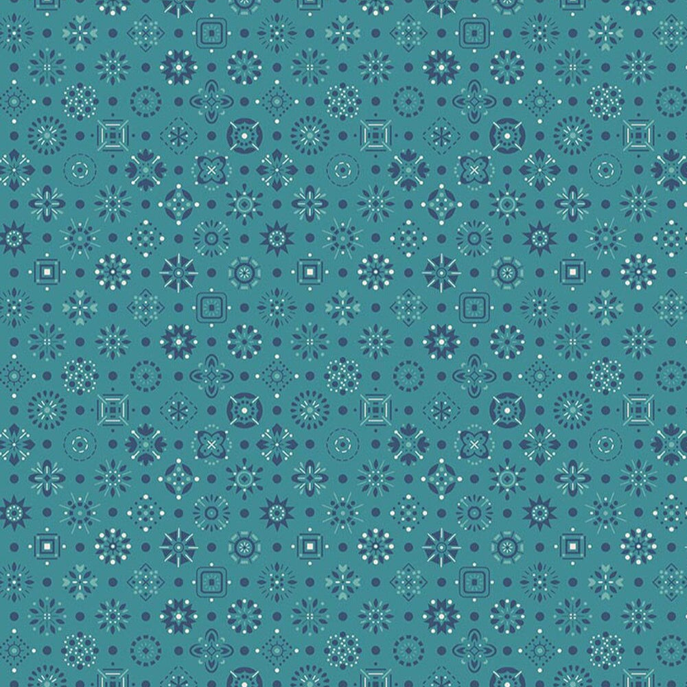 Lori Holtin Farmer's Daughter -kokoelman Handmade Raindrop -puuvillakangas.  Geometrisiä kuvioita Sinertävällä pohjalla, sopii tilkkutöihin ja käsitöihin.