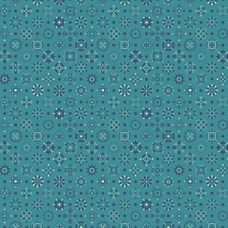 Lori Holtin Farmer's Daughter -kokoelman Handmade Raindrop -puuvillakangas.  Geometrisiä kuvioita Sinertävällä pohjalla, sopii tilkkutöihin ja käsitöihin.
