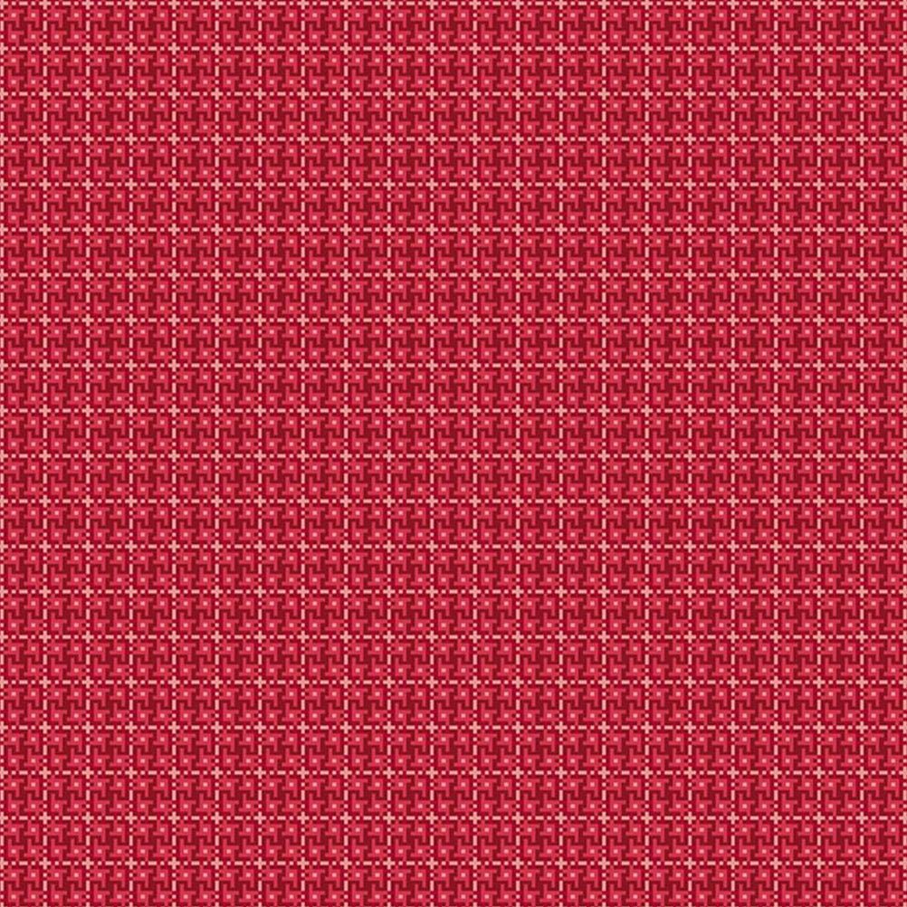 Lori Holtin Farmer's Daughter -kokoelman Weave Cherry Tart -puuvillakangas. Punainen pohja, geometrisiä kuvioita, sopii tilkkutöihin ja käsitöihin.