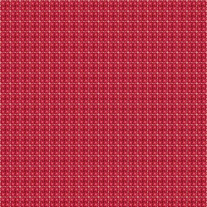 Lori Holtin Farmer's Daughter -kokoelman Weave Cherry Tart -puuvillakangas. Punainen pohja, geometrisiä kuvioita, sopii tilkkutöihin ja käsitöihin.